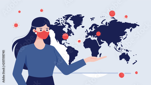 Fotografía Woman wearing face mask showing world map with virus spread