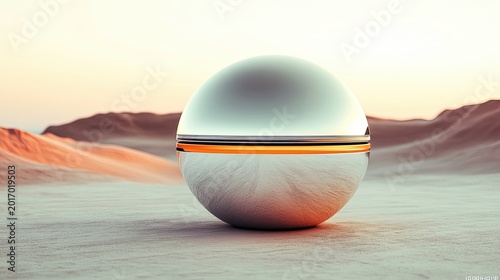 Futuristic Metallic Sphere in Desert Landscape at Sunset. Generative AI