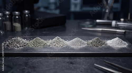 Extraction process of precious rare earth elements refinement concept. Varied powders neatly arranged in unique shapes for scientific study.