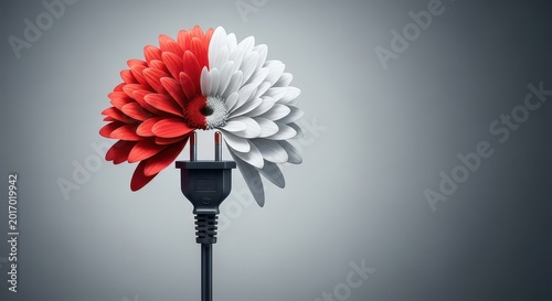 A striking hybrid bloom featuring vibrant red and pure white petals connected to an electric power cord plug, symbolizing energy and contrast, juxtaposition, technology, plug