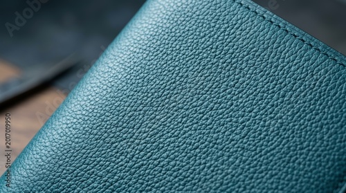 Close-up view of a teal textured leather surface with visible stitching, showcasing fine grain detail.