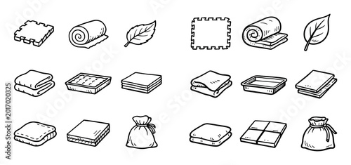 Packaging and gift concept icons with blanket, leaf, pouch for infographic design in hand drawn line style