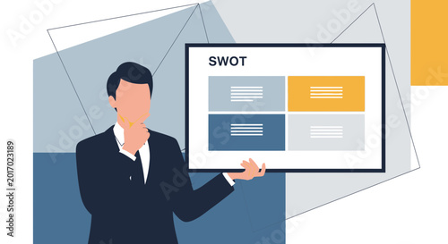 Businessman presenting SWOT analysis chart on screen, strategy planning concept