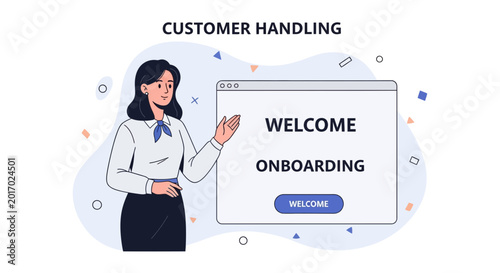 Customer handling with welcome onboarding screen and woman presenting