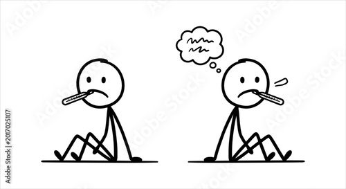 фотографія Stick figures with thermometers in mouths, one sad, one thinking of relief