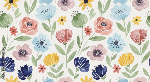 Vászonkép Hand painted botanical pattern with charming flowers and elegant leafy stems