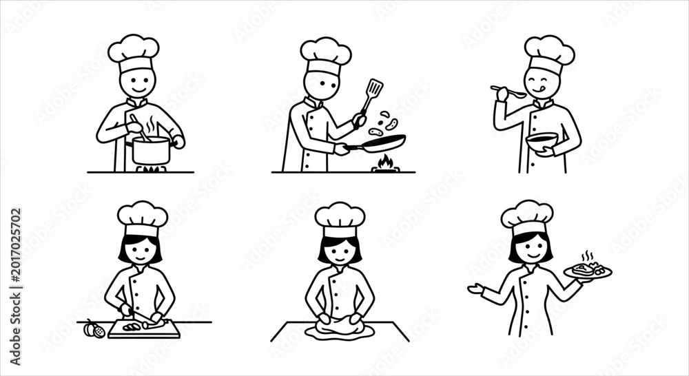 Obraz premium Collection of chef illustrations in various cooking actions and poses