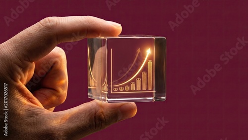 A transparent glass cube with a glowing exponential growth curve icon inside held by hand on a deep burgundy background for compound interest and investing.