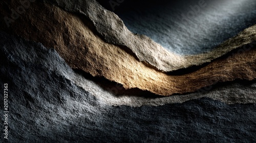 Abstract layered rock texture background with dramatic light and dark stone surface. Generative AI