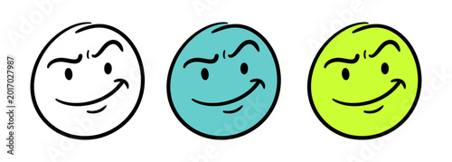 Photography Three smiley faces with mischievous expressions in black and white, blue, and gr