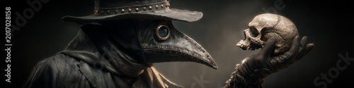 A Haunting Plague Doctor Holding a Human Skull, Illuminated by Dramatic Cinematic Light. A Surreal, Hyper-Realistic Depiction of Death, Disease and Medieval Fear. Generative Ai.