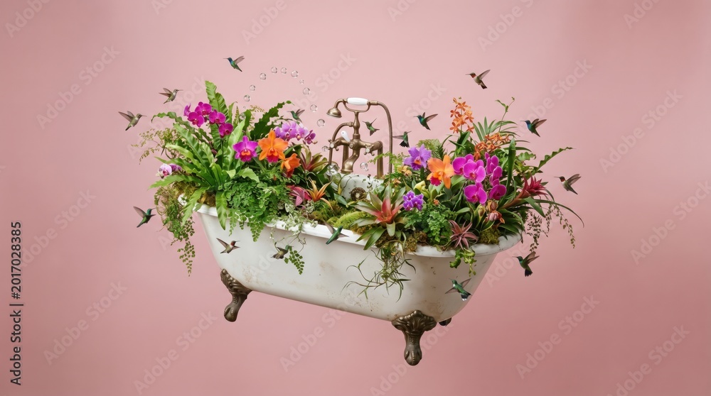 Fototapeta premium Surreal Floating Victorian Clawfoot Bathtub Filled with Lush Tropical Jungle Ferns and Glowing Orchids in Zero Gravity on Pink Background