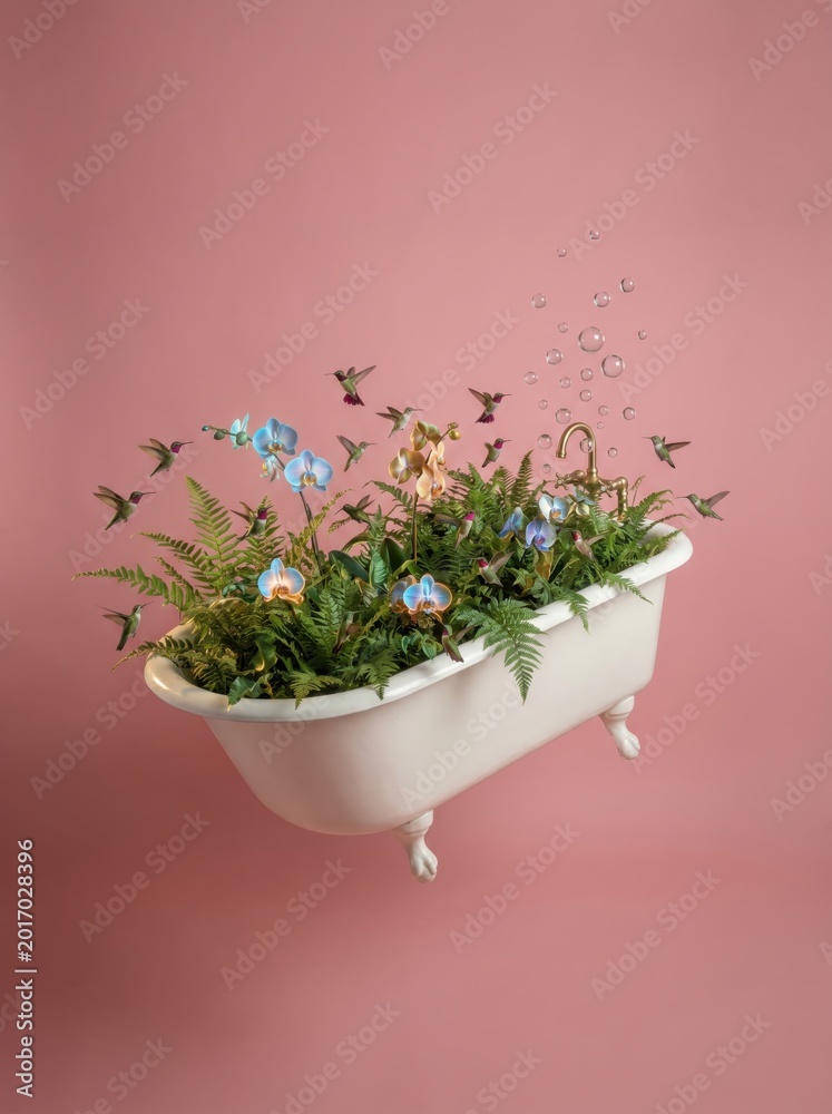 Fototapeta premium Surreal Floating Victorian Clawfoot Bathtub Filled with Lush Tropical Jungle Ferns and Glowing Orchids in Zero Gravity on Pink Background