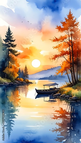 A serene lake scene at sunset with vibrant colors and reflections