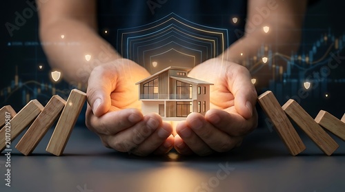 Hands protect miniature modern house model from falling dominoes, symbolizing home security and risk management against financial instability