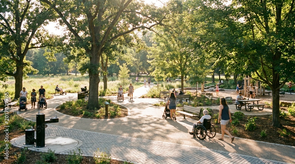 Obraz premium People enjoying a sunny day in a lush green city park with walking paths.