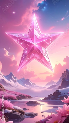 A serene landscape with a large pink star