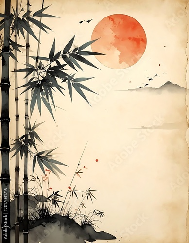 A serene landscape with a large red moon, bamboo, and misty mountains