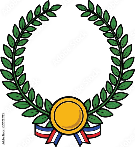 Award symbol features laurel wreath and ribbon badge with medallion