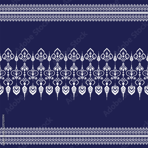 Photos Traditional Thai Geometric Pattern Seamless Background in Indigo Blue and White abstract design for fabric print cloth dress carpet curtains and sarong Thailand