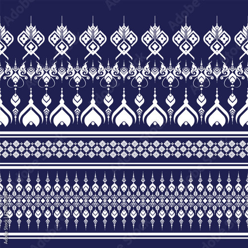 Tableau sur toile Traditional Thai Geometric Pattern Seamless Background in Indigo Blue and White abstract design for fabric print cloth dress carpet curtains and sarong Thailand