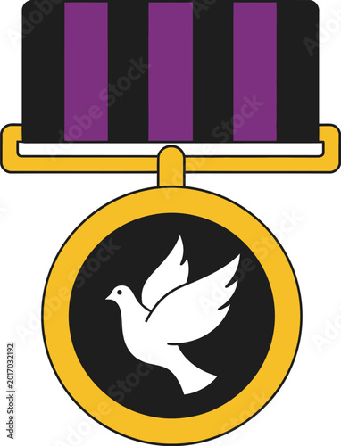 Memorial ribbon medal icon features a dove on a circular black and gold award