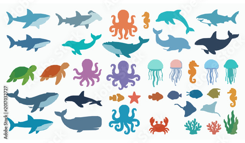 Colorful marine animals vector set cute ocean wildlife collection