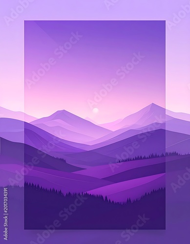 A serene mountain landscape at dusk with purple hues
