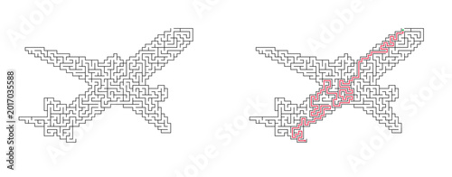 Airplane shaped maze with solution. Simple black and white vector labyrinth puzzle, educational logic game for children and adults.