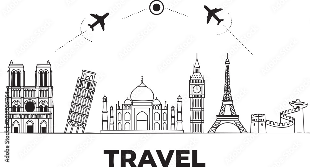 Obraz premium World Travel Illustration with Airplanes and Global Landmarks