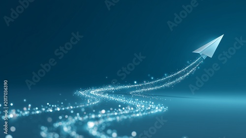 Paper airplane over a luminous digital path representing technology onboarding and change management transition and adoption.