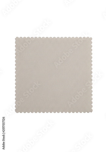Square fabric swatch of beige woven textured linen material with pinked edges isolated on transparent background