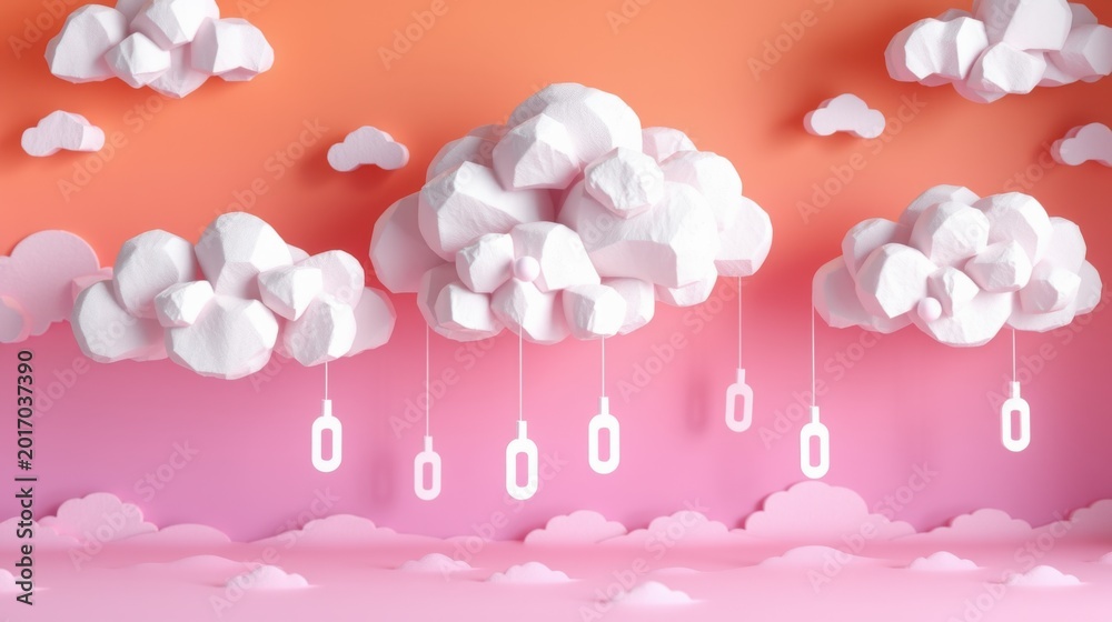Obraz premium Paper clouds hang above pink landscape. Soft colors create dreamy, whimsical scene. Gentle gradients suggest sunset or sunrise.
