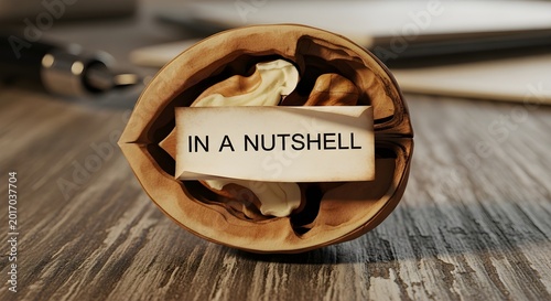 A cracked walnut shell on a desk with a paper label reading 'in a nutshell', symbolizing concise corporate communication and message clarity.
