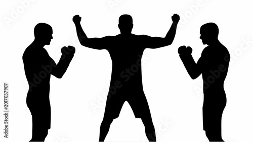 Bild auf Leinwand Three boxers silhouettes in combat sports stance with referee on white backgroun