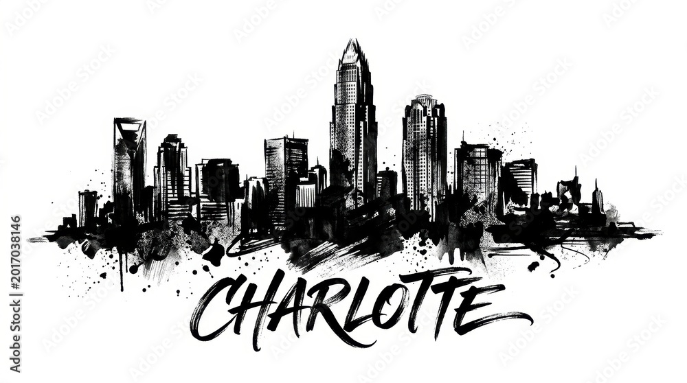 Obraz premium Charlotte skyline silhouette featuring Bank of America Corporate Center, high contrast black and white ink illustration, stylish lettering below reading 
