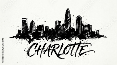 Charlotte skyline silhouette featuring Bank of America Corporate Center, high contrast black and white ink illustration, stylish lettering below reading 