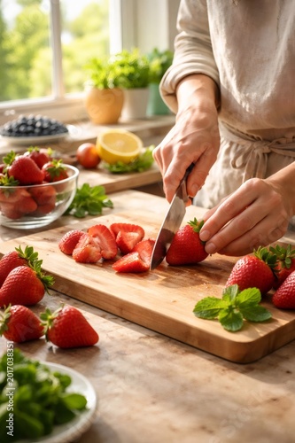 Person's hands carefully slicing ripe red strawberries on a wooden cutting board, preparing healthy ingredients for a delicious meal or dessert in a brightly lit kitchen setting