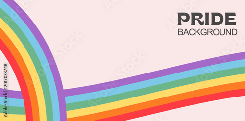 LGBTQ pride month background with rainbow stripes. Abstract vector banner with inclusive flag colors and curved geometric lines for website header, social media cover, or digital design template. 