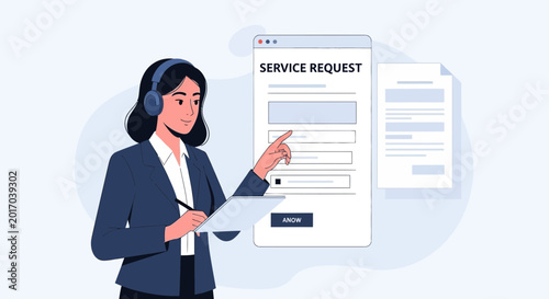 Customer service agent filling out service request form with headset