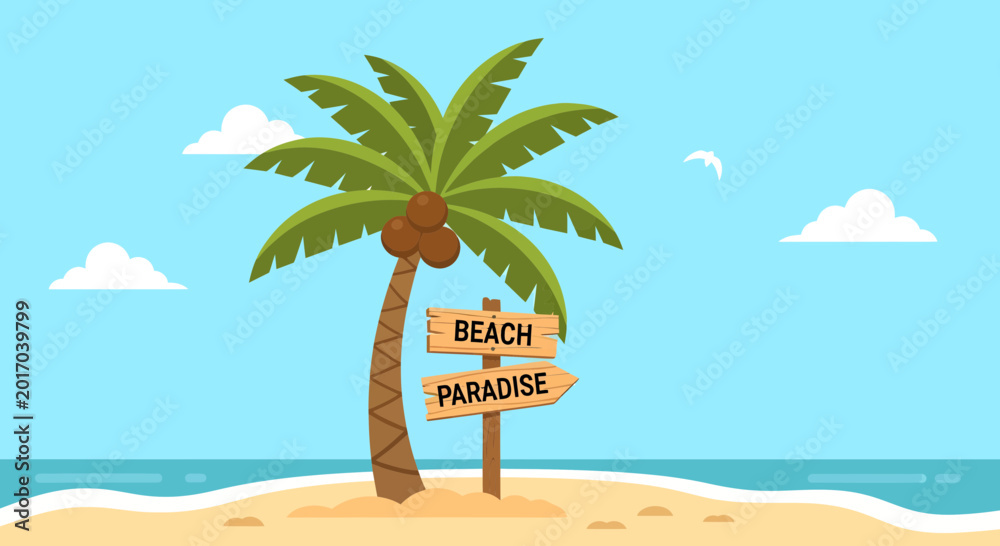 Obraz premium Beach paradise with palm tree and sign