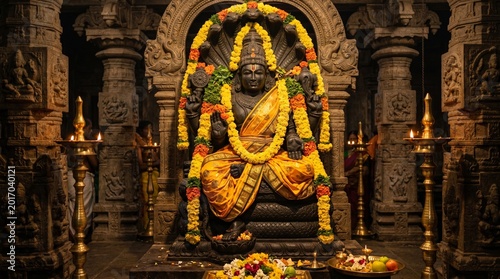 Detailed Stone-Carved Lord Vishnu Statue Adorned with Vibrant Yellow Marigold Garlands and Silk Pitambara Cloth for Kamika Ekadashi Celebration