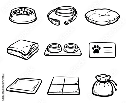 Pet care and feeding concept icons with food bowl, leash and pet bed for pet product marketing in hand drawn illustration