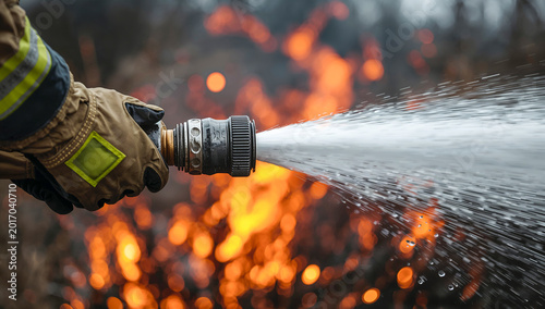 Firefighter spraying water to extinguish wildfires, close-up on hand and hose