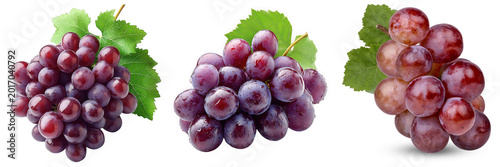 Cuadro en lienzo Three bunches of red grapes with green leaves, isolated on a transparent backgro