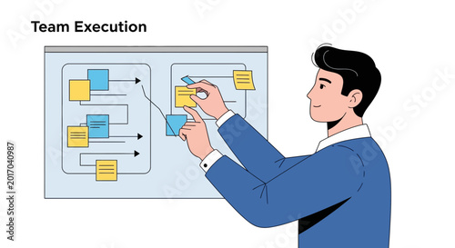 Team Execution Planning on Board with Sticky Notes, Business Strategy Concept