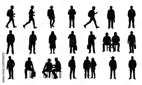 Dynamic people silhouettes in various poses ideal for architectural plans and graphic design