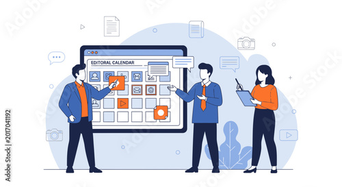 Team planning content calendar online, editorial strategy collaboration