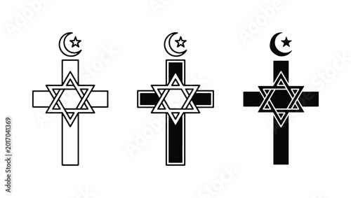 Quadro su tela Religious Symbols, Interfaith Unity Icons, Christian Cross, Star of David, Cresc