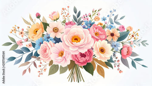 Flat vector illustration of a blooming flower bouquet with soft pastel colors, clean lines, white background